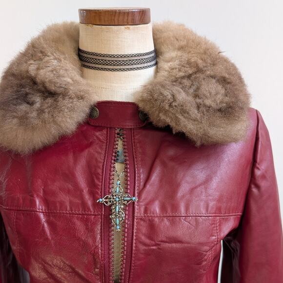 Vintage Red Leather Jacket Penny Lane Fur Trim Coat Grunge Boho Bomber Medium - Picture 6 of 12